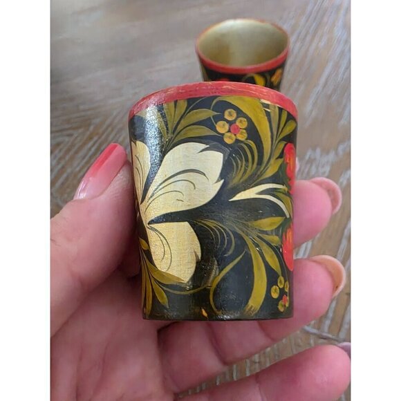 Vintage Hand-Painted Floral Wooden Shot Glasses Set Of 3 - Picture 14 of 16